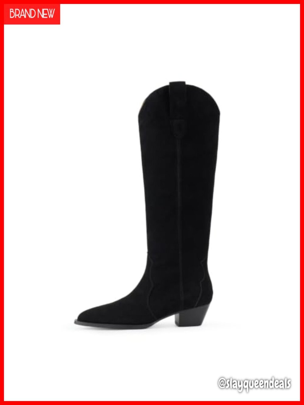 Faux Suede Cowboy Boots Pointed Toe Knee High Chunky Heel Pull On